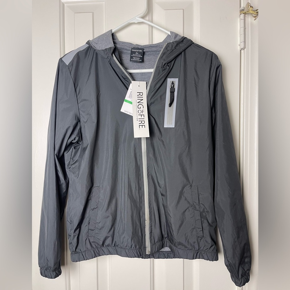 NEW Boys Ring of Fire Gray Lined Hooded Zip Up Rain Jacket~Size Large(14)MSRP$55